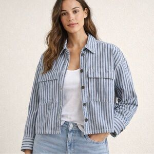 J Crew Cargo Button Up Railroad Stripe Shirt Jacket M Shacket Heritage Utility